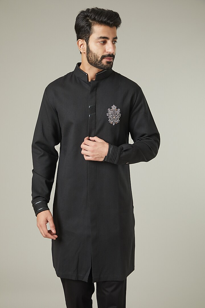 Black Cotton Silk Kurta Set by SEVENDC MEN at Pernia's Pop Up Shop